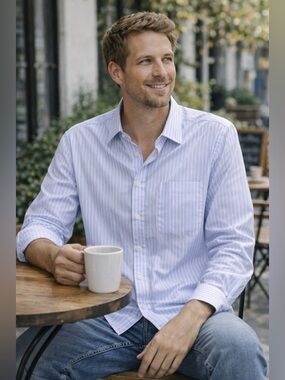 Andrew Fezza Blue Stripe Button Up Shirt Mens Slim Fit Cotton 15.5/39